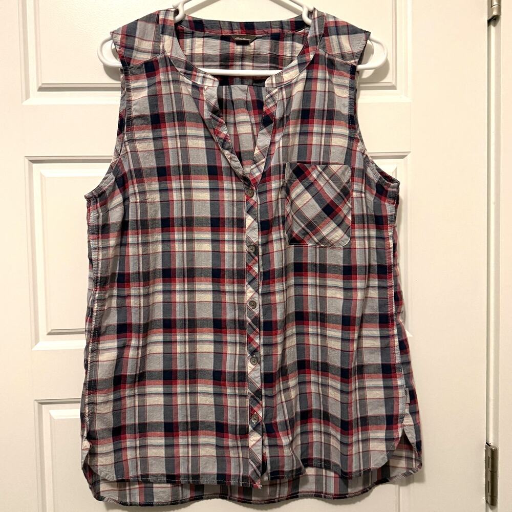 Eddie Bauer Sleeveless Shirt Plaid Button Up Large